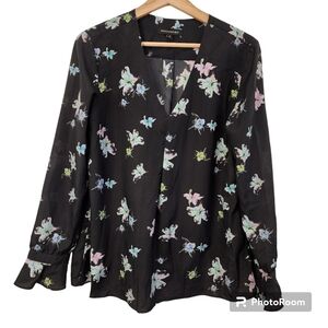 Banana Republic Gwen Blouse Size M Black Floral Flowered Long Sleeve